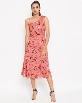 floral print fit & flare dress with belt