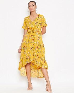 floral print fit & flare dress with belt