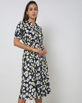 floral print fit & flare dress with belt
