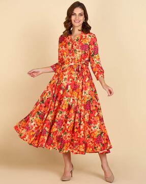 floral print fit & flare dress with belt