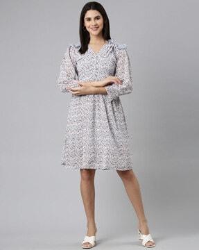 floral print fit & flare dress with bishop sleeves