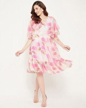 floral print fit & flare dress with butterfly sleeves