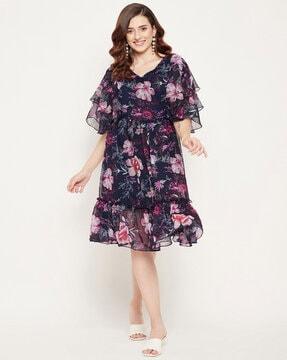 floral print fit & flare dress with butterfly sleeves