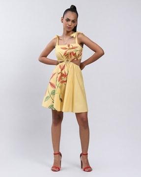 floral print fit & flare dress with cutouts