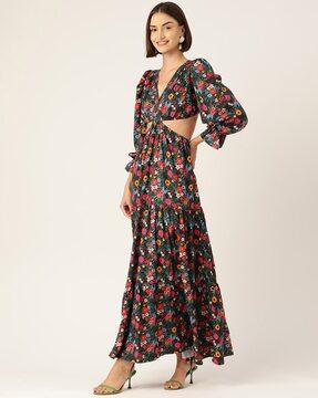 floral print fit & flare dress with cutouts