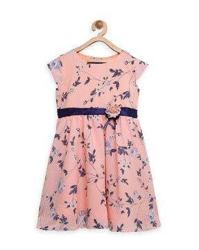 floral print fit & flare dress with flower applique