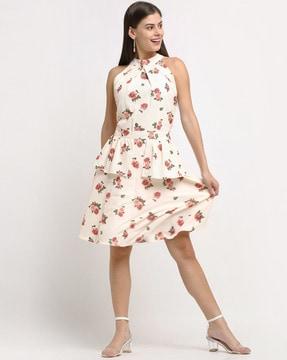 floral print fit & flare dress with halter neck