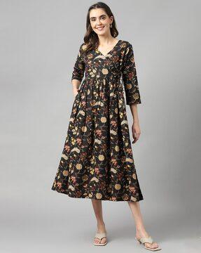 floral print fit & flare dress with insert pocket