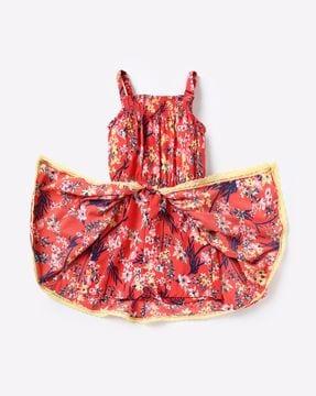 floral print fit & flare dress with lace