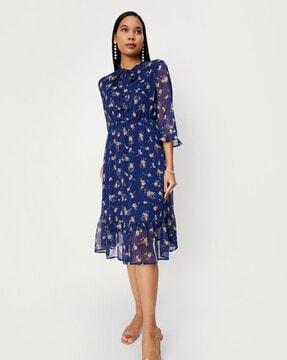 floral print fit & flare dress with neck tie-up
