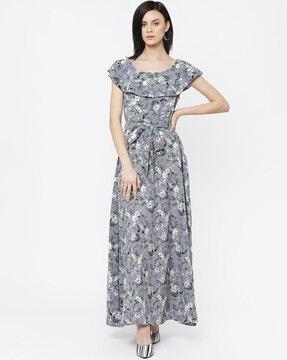 floral print fit & flare dress with overlay