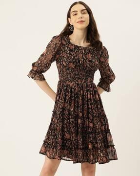 floral print fit & flare dress with puff sleeves