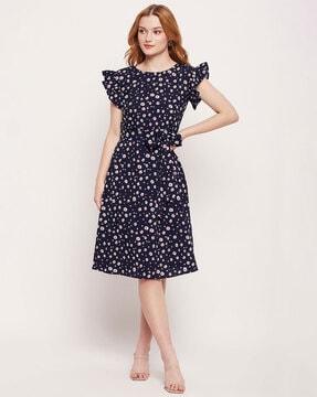 floral print fit & flare dress with round neck