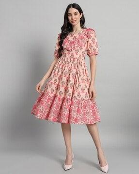 floral print fit & flare dress with round neck