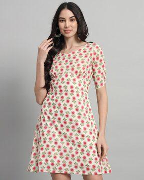 floral print fit & flare dress with round neck