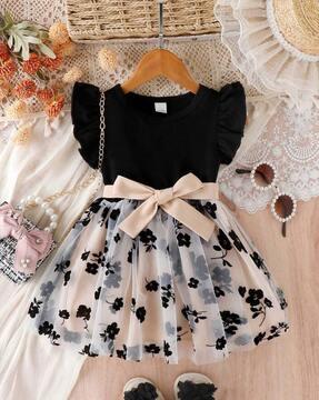 floral print fit & flare dress with ruffled detail