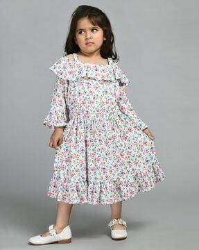 floral print fit & flare dress with ruffled overlay