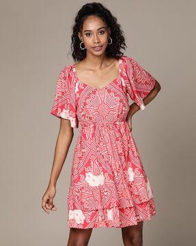 floral print fit & flare dress with ruffled sleeves