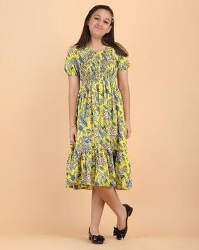 floral print fit & flare dress with smocked detail