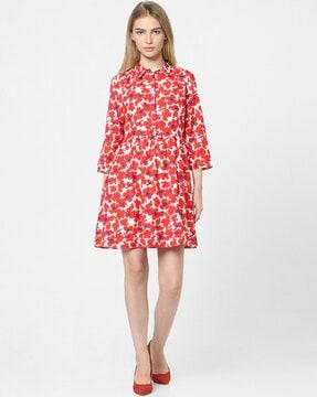 floral print fit & flare dress with spread collar