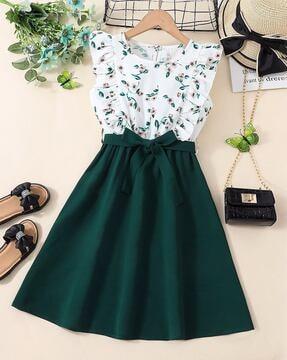 floral print fit & flare dress with tie-up belt