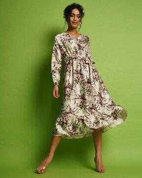 floral print fit & flare dress with tie-up belt