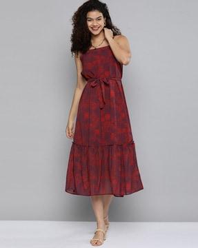floral print fit & flare dress with tie-up waist
