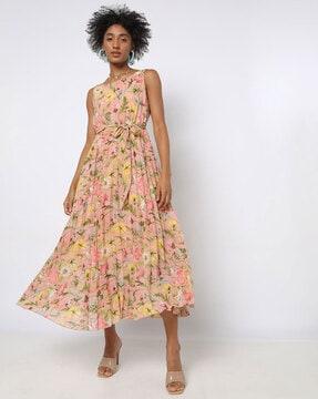 floral print fit & flare dress with tie-up