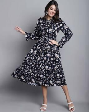 floral print fit & flare dress with tie-up