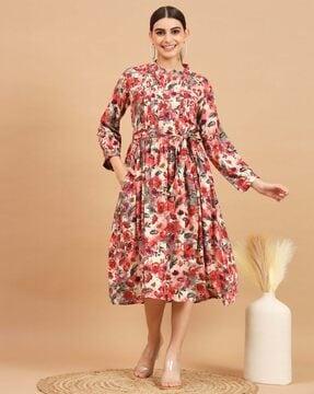 floral print fit & flare dress with tie-up