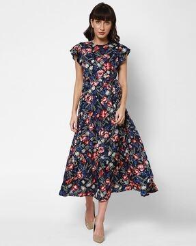 floral print fit & flare dress with tie-up