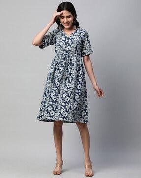 floral print fit & flare dress with v-neck