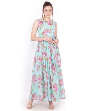 floral print fit & flare dress with waist tie-up