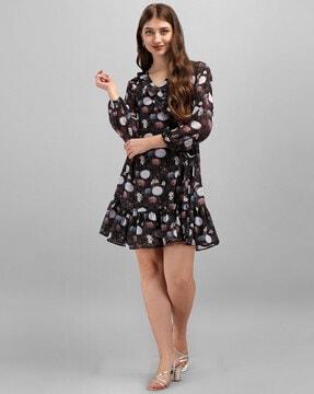 floral print fit & flare dress with waist tie-up