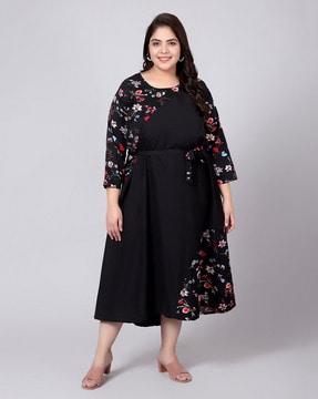 floral print fit & flare dress with waist tie-up