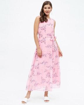 floral print fit & flare dress with waist tie-up