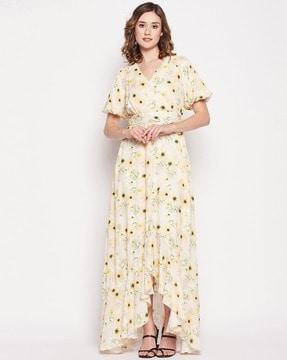 floral print fit & flare dress with waist tie-up