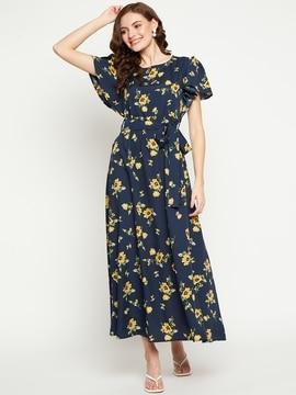 floral print fit & flare dress with waist tie-up