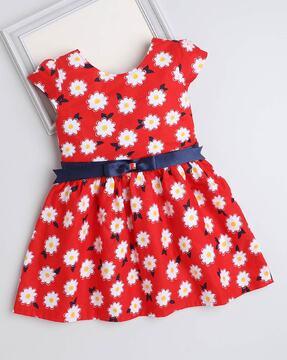 floral print fit & flare dress with waist tie-up