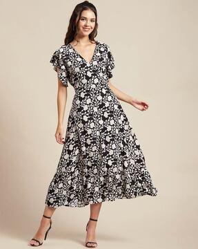 floral print fit & flare dress with waist tie-up