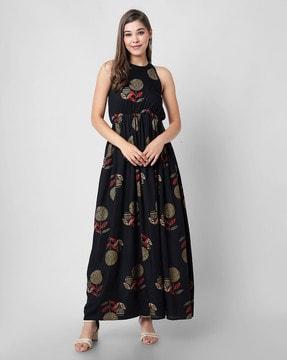 floral print fit & flare halter-neck dress