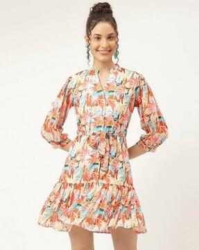 floral print fit & flared dress with belt