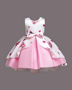 floral print fit & flared dress with bow