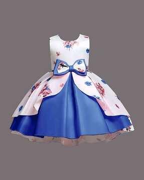 floral print fit & flared dress with bow