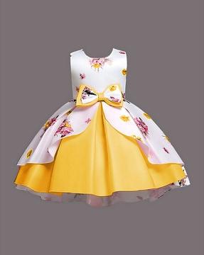 floral print fit & flared dress with bow