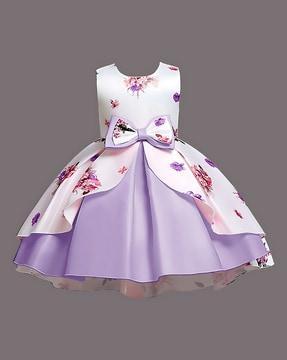 floral print fit & flared dress with bow