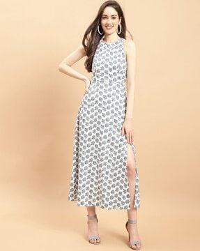 floral print fit & flared dress with round neck