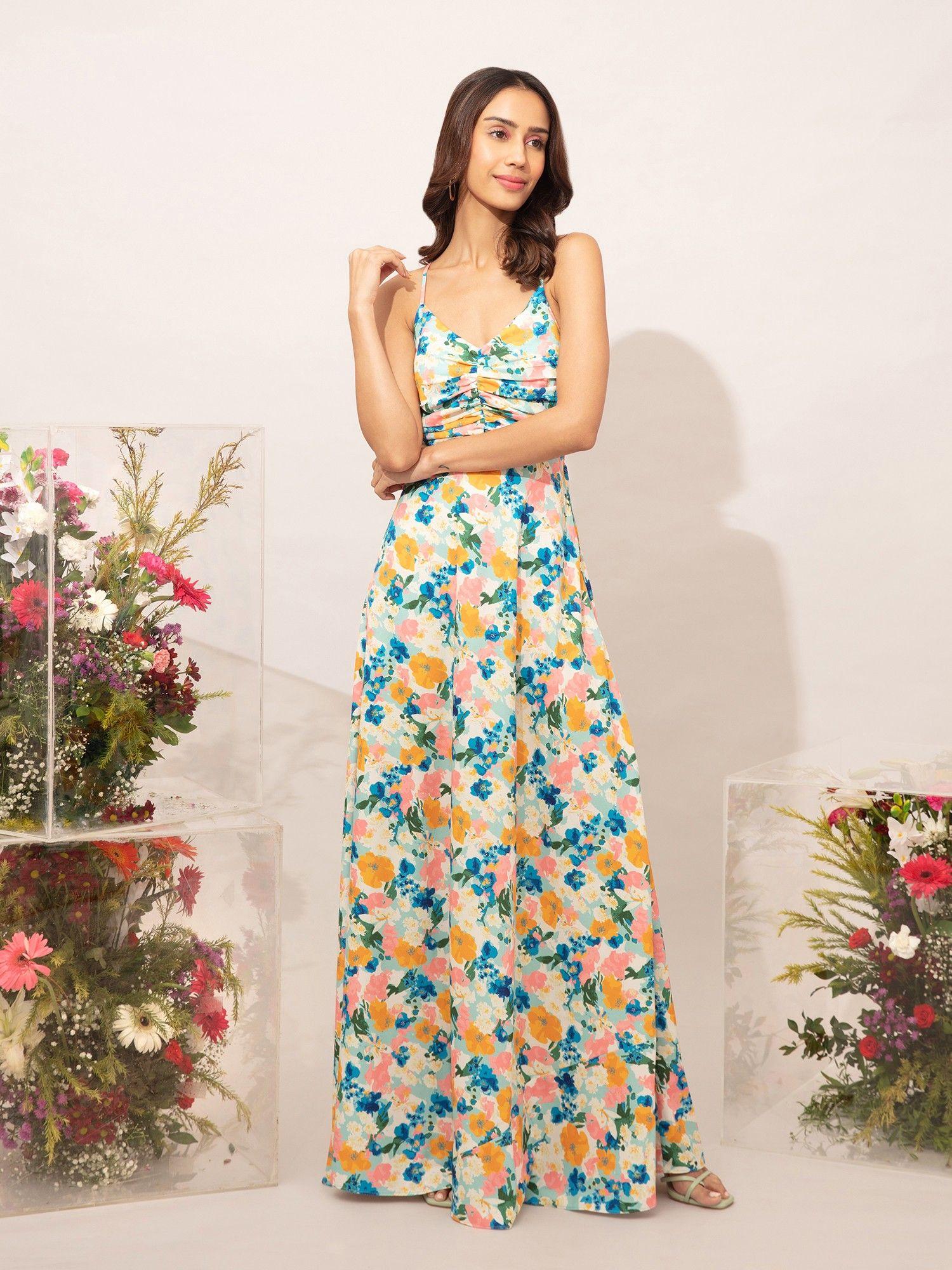 floral print fit and flare back tie up maxi dress
