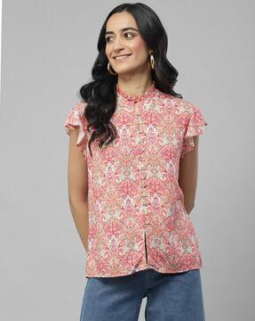 floral print fitted shirt with band collar