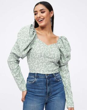 floral print fitted top with puff sleeves